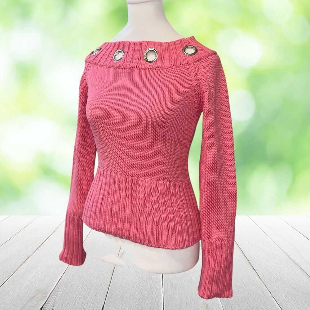 Vintage Y2K TAKEOUT Grommet Boat Neck Sweater Fitted Cropped Pink Retro Size S